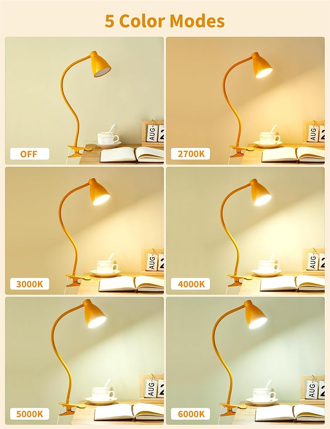 BOHON Clip on Light, Desk Lamp with Clamp, 5 Color 10 Brightness Yellow | Flexible Neck Clip Lamp, 10W 38 LED, Auto Off Timer, Desk Lights for Office Home Bed Bedside Reading, Bright Yellow