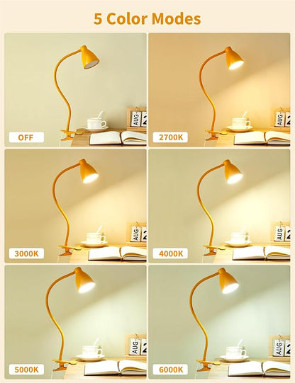 BOHON Clip on Light, Desk Lamp with Clamp, 5 Color 10 Brightness Yellow | Flexible Neck Clip Lamp, 10W 38 LED, Auto Off Timer, Desk Lights for Office Home Bed Bedside Reading, Bright Yellow