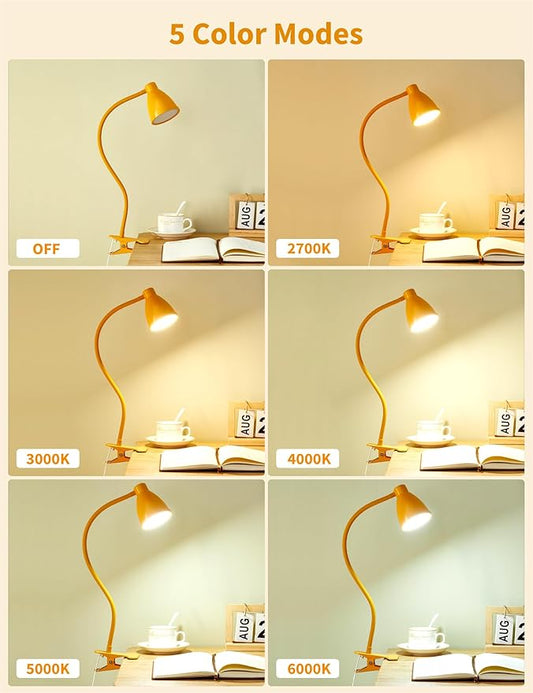 BOHON Clip on Light, Desk Lamp with Clamp, 5 Color 10 Brightness Yellow | Flexible Neck Clip Lamp, 10W 38 LED, Auto Off Timer, Desk Lights for Office Home Bed Bedside Reading, Bright Yellow