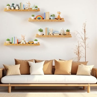 Pinkunn 4 Pcs Nursery Book Shelves 35.4 Inch Rattan Scalloped Floating Bookshelves Wicker Boho Book Shelf for Wall Mounted Decor Nursery Rooms Hanging