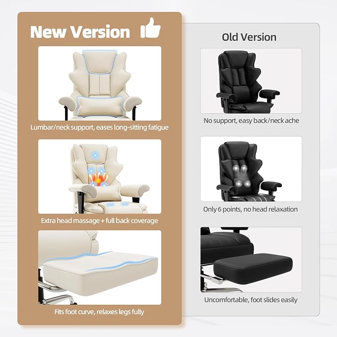 7-Point Massage Office Chair,Heated Manageral Chair,Ergonomic Executive Chair with Footrest,Adjustable Armrest，Computer Chair for Offices, Study Areas, Gaming Spaces,Beige
