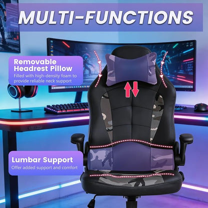 PC Gaming Chair Ergonomic Office Chair Desk Chair PU Leather Racing Chair Executive Swivel Rolling Computer Chair with Lumbar Support Flip Up Arms Headrest for Adults,Camo