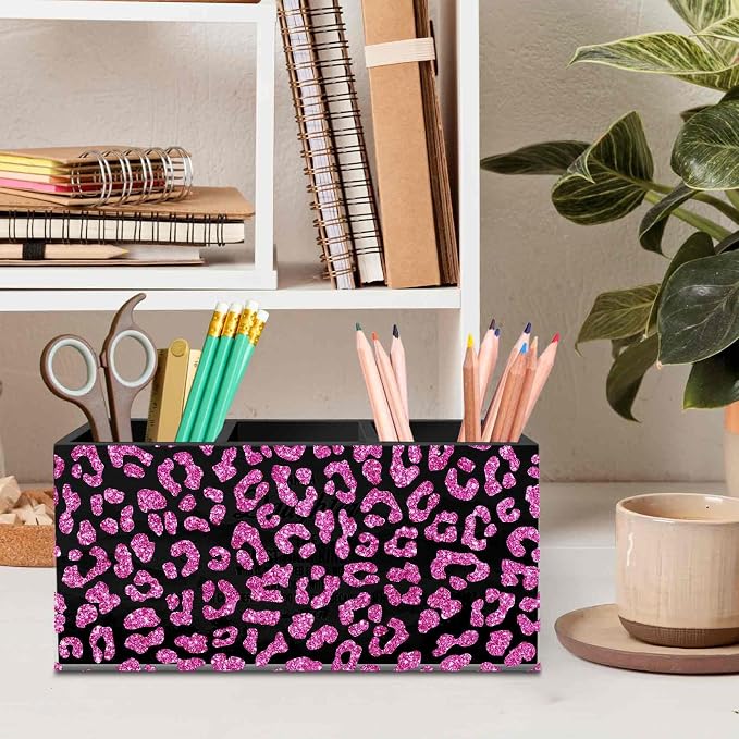 DILSJ Pink Cheetah Print Office Supplies Pen Pencil Holder Organizer for Desk, Coquette Room Decor, Preppy Leopard Black Wooden Box Signs for Women Home Office Desk Tabletop Decoration