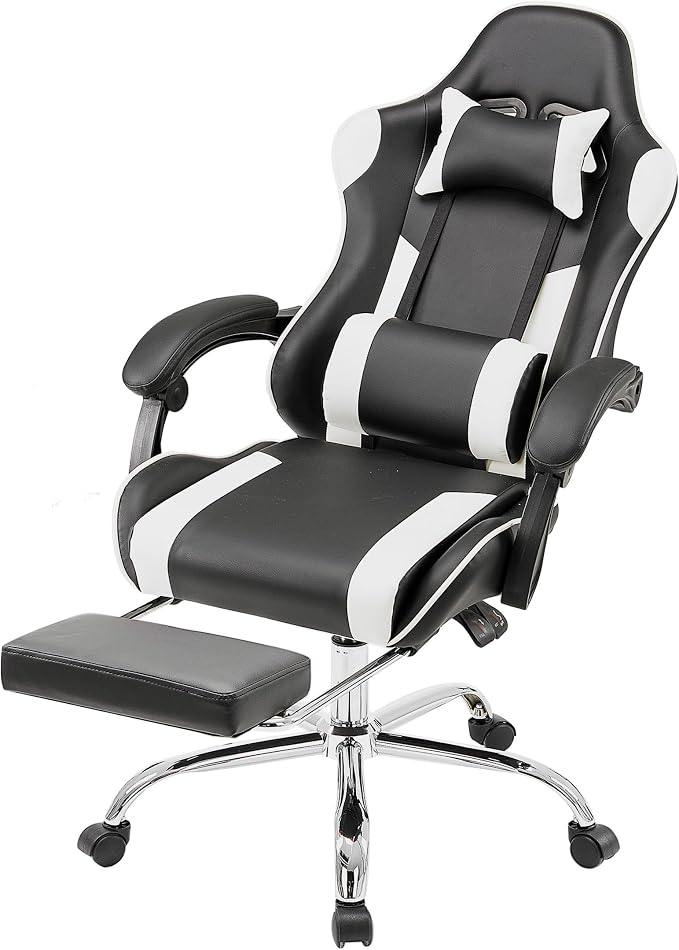 NEWBULIG Computer Gaming Desk Chair - High Back Ergonomic Lumbar Support with Footrest and Headrest, Comfy PU Leather Recliner with Linkage Armrest, Height Adjustable and 360° Swivel, White