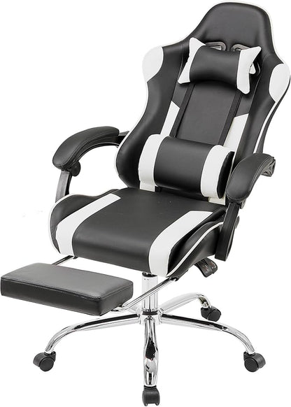 NEWBULIG Computer Gaming Desk Chair - High Back Ergonomic Lumbar Support with Footrest and Headrest, Comfy PU Leather Recliner with Linkage Armrest, Height Adjustable and 360° Swivel, White