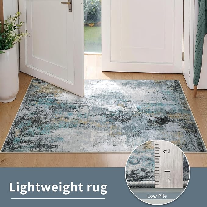 Ciicool Modern Abstract Rug for Living Room, 5'x7' Machine Washable Soft Area Rug Non-Slip Rug, Low-Pile Contemporary Indoor Dining Floor Carpet for Bedroom Office Under Table Home Decor Teal Gold
