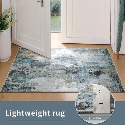 Ciicool Modern Abstract Rug for Living Room, 5'x7' Machine Washable Soft Area Rug Non-Slip Rug, Low-Pile Contemporary Indoor Dining Floor Carpet for Bedroom Office Under Table Home Decor Teal Gold