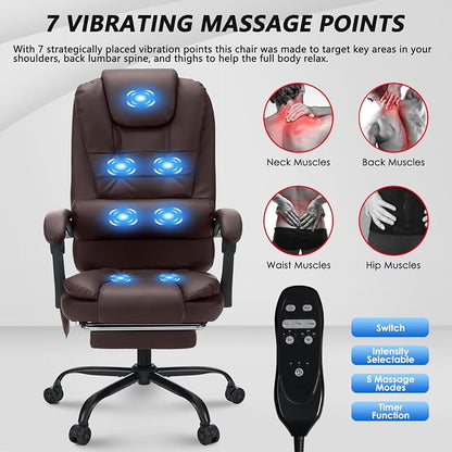 HOFFREE Massage Office Chair with Foot Rest 7 Points Vibration Ergonomic Executive Desk Chair Leather Computer Office Chair Brown