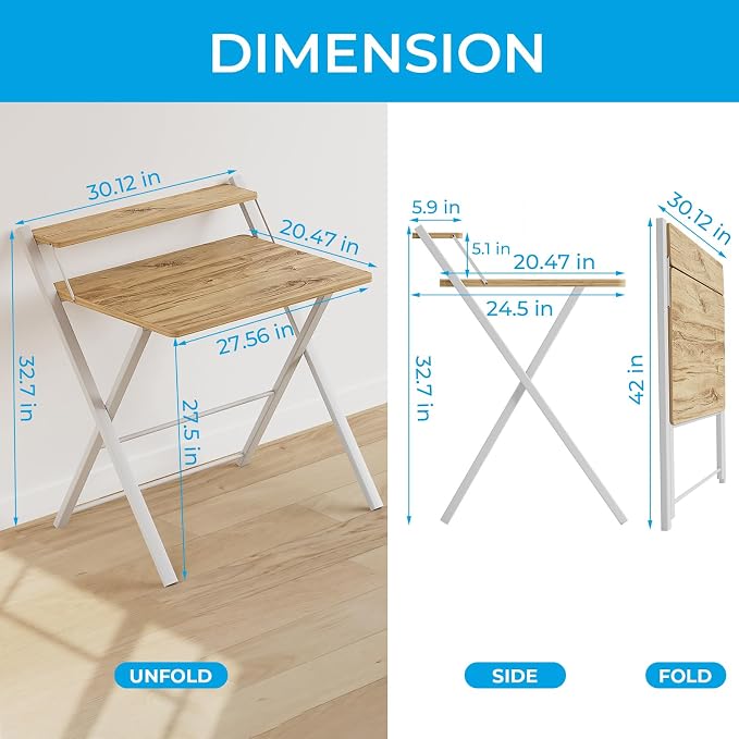 GreenForest No Assembly Folding Desk, 2-Tier Compact Computer Desk with Shelf, 30 inch Space Saving Foldable Table for Home Office, Dorm or Apartment, Portable Collapsible Sturdy Laptop Desk, Oak