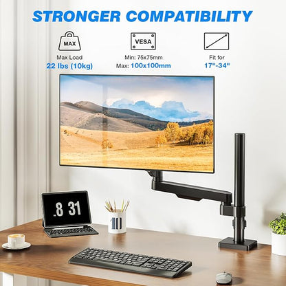 Single Monitor Arm Desk Mount, Adjustable Extra Long Monitor Stand for 17-34 Inch Screens, Hold up to 22 lbs, VESA 75/100mm Mount with Tilt, Swivel, Rotation