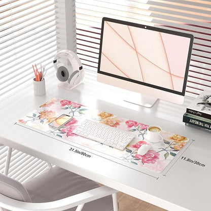 QiyI Floral Mouse Pad, Watercolor Flowers Desk Mat for Desktop, Women Girls Office Décor Accessories, PU Leather Waterproof Gaming Mousepad, Pink Yellow Peonies Desk Pad Computer Mat, 31.5" x 11.8"