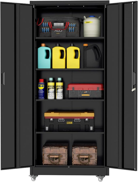 INTERGREAT Metal Storage Cabinet with Wheels, 72" Garage Storage Cabinets with Door and 4 Shelves, Tool Storage Locker on Caster for Home, Office, Black