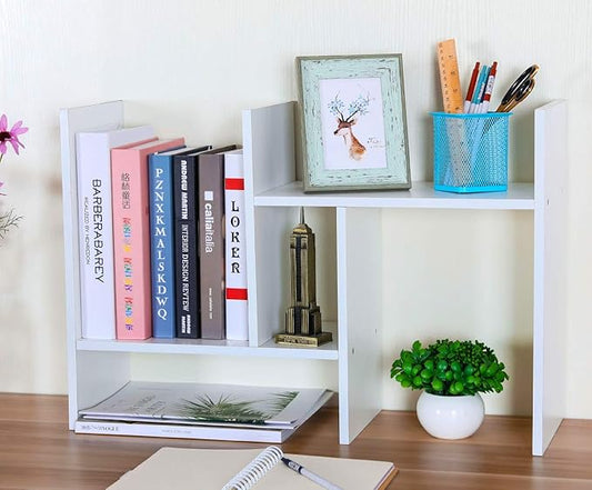 PAG Adjustable Desktop Shelf Wood Small Bookshelf Desk Supplies Organizers and Accessories Storage Display Rack Office Decor, White