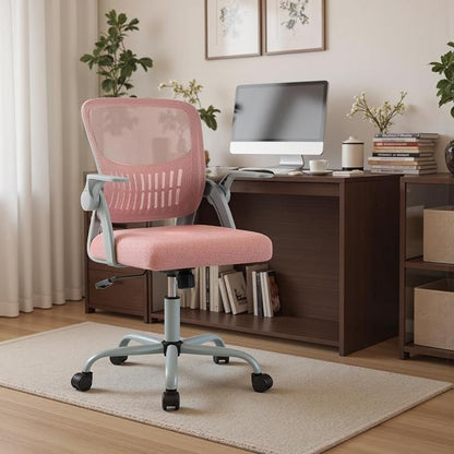 DUMOS Home Office Computer Chair - Ergonomic Mid Back Desk with Lumbar Support and Rocking Mode, Height Adjustable with Flip-up Armrest, for Conference Meeting Room, 360° Swivel, Adults, Pink