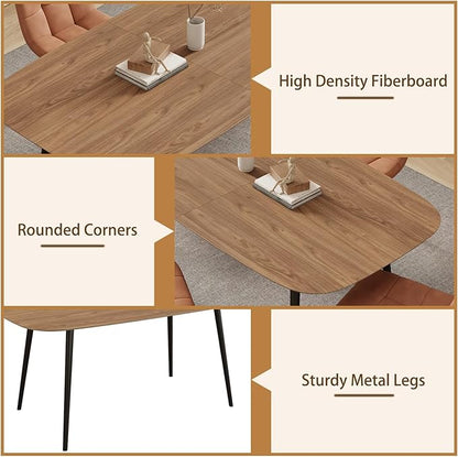 HIPIHOM 55.1'' Dining Table Set for 4,Modern Wood Dining Table,Leather Dining Chairs 4,Table and Chairs Set of 4,Ideal for Kitchen Dining Room (Walnut Color Table + 4 U-Shaped Brown Chairs, 55.1")