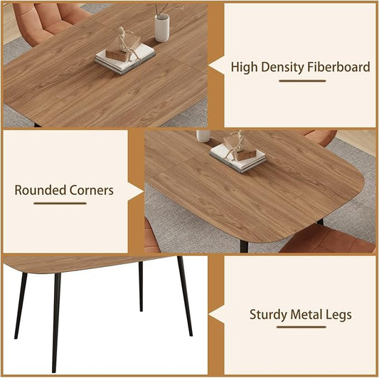 HIPIHOM 55.1' Kitchen Table,Kitchen & Dining Room Tables, Dinner Table for 4-6,MDF Wood Dining Table with Metal Legs for Living Room & Dining Room (Walnut Color Table, 55.1")