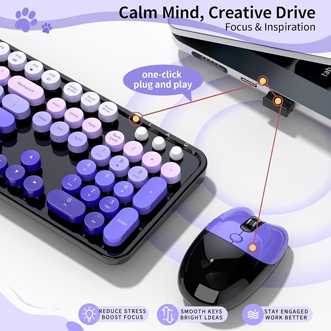 Wireless Keyboard and Mouse, 104 Round Keycaps Retro Typewriter with OTG & Brush, Full-Size Ergonomic, Ideal for Windows PC, Home, Office and College Purple Pink