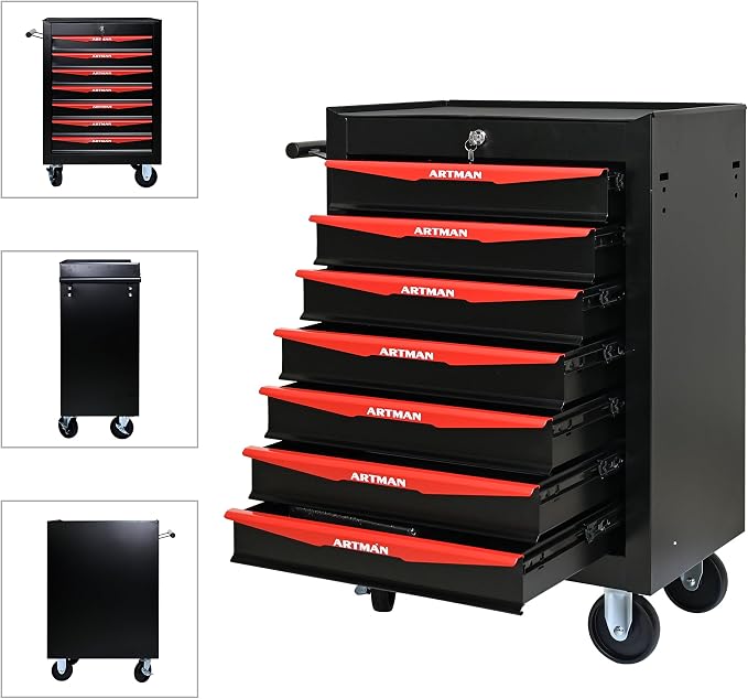 RYH 7 Drawers Rolling Tool Chest - Heavy Duty Mobile Tool Cart with Locking Wheels & Ball Bearing Drawers,30.5" H x 20.9" W x 13" D Garage Tool Storage Cabinet (Black, 7 Drawers)