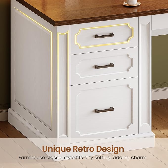 SEDETA Farmhouse 78.8" L Shaped Desk with 6 Drawers, Home Office Desk with Power Outlet, File Cabinet Storage, Wood Corner Computer Desk for Work and Study, White+Brown