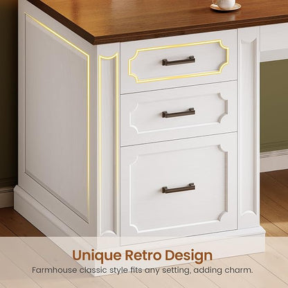 SEDETA Farmhouse 78.8" L Shaped Desk with 6 Drawers, Home Office Desk with Power Outlet, File Cabinet Storage, Wood Corner Computer Desk for Work and Study, White+Brown