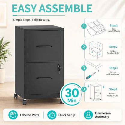 SAWJEC 2 Drawer File Cabinet with Lock, Black Metal Filing Cabinet for Home Office, Assembly Required, Vertical Locking File Cabinet with Letter Size Hanging Files, 17.7" D x 15.0" W x 26.8" H