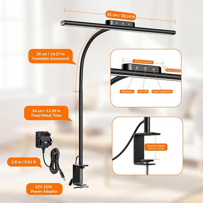 Lepro Led Desk Lamp for Home Office, Metal Architect Lamp with Clamp, 11W 650LM Eye-Caring Task Light, 25 Lighting Modes, Flexible Gooseneck for Monitor, Workbench, Drafting, Crafts, Reading, Black