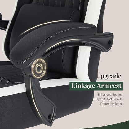 Computer Gaming Chair - High Back Ergonomic Desk Chair with Footrest and Lumbar Support, Height Adjustable Task Chair with Linkage Armrests and Headrest, 360° Swivel Wheels, Black