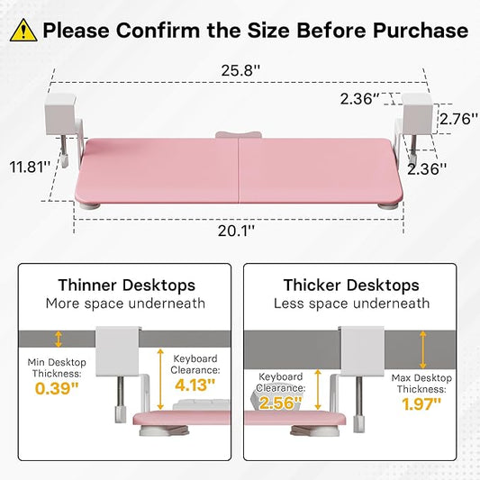BONTEC KMT01-PJ Under Desk Keyboard Tray, Pull-Out Keyboard & Mouse Platform with C-Clamp, 20 x 11.8 in Space-Saving Ergonomic Slide-Out Drawer, Pink