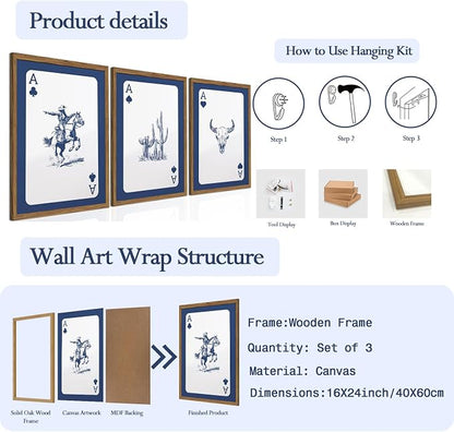 Western Wall Art Set of 3, Blue Cowboy Wall Decor Trendy Southwestern Playing Card Longhorn Bull Skull Poster Canvas Aesthetics Prints for Bedroom Living Room 16x24 inch Wood Framed