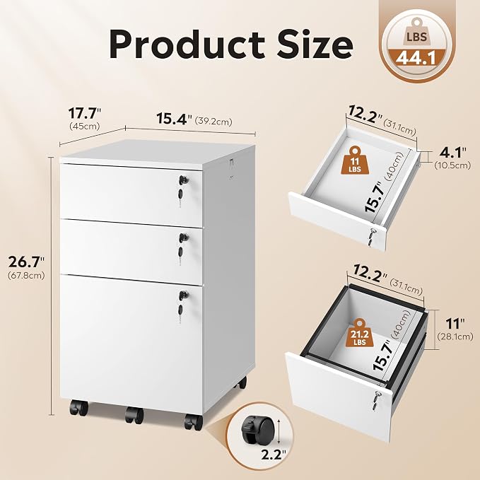 DEVAISE 3 Drawer Mobile File Cabinet with Individual Locks, Wood Filing Cabinet for Office, Under Desk Printer Stand with Wheels, Fits Letter/A4/Legal Size, White