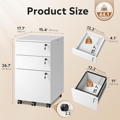 DEVAISE 3 Drawer Mobile File Cabinet with Individual Locks, Wood Filing Cabinet for Office, Under Desk Printer Stand with Wheels, Fits Letter/A4/Legal Size, White