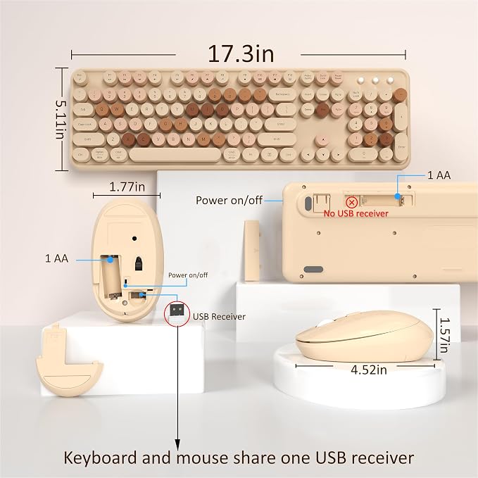 Links9+ Wireless Keyboard and Mouse, Full-Size Retro Typewriter Keyboard with Round Keycaps, 2.4GHz for Windows, Mac, Laptop, PC, Desktop (Milky Tea Colorful)