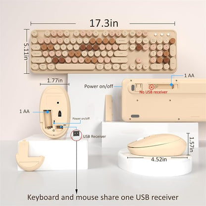 Links9+ Wireless Keyboard and Mouse, Full-Size Retro Typewriter Keyboard with Round Keycaps, 2.4GHz for Windows, Mac, Laptop, PC, Desktop (Milky Tea Colorful)