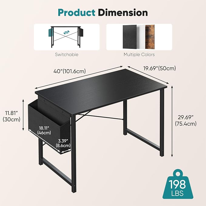OLIXIS Small Computer Desk, 40 Inch Home Office Desks, Writing Study Craft Work Gaming Table, Computer Workstation for Bedroom Small Spaces with Storage Bag and Headphone Hook, Black