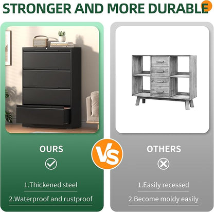 Lateral File Cabinet 4 Drawer, Metal File Cabinet with Lock | Filing Cabinets for Home Office, Black Locking Deep Drawer for Hanging Files Letter/Legal/A4/F4 Size, Assembly Required