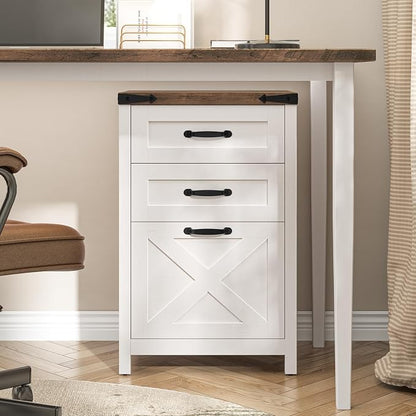 Halitaa 3 Drawer Small File Cabinet, Farmhouse Vertical Filing Cabinet Fits Letter and A4 Size, Under Desk Wooden File Cabinets for Home Office, Printer Stand, Rustic White and Brown