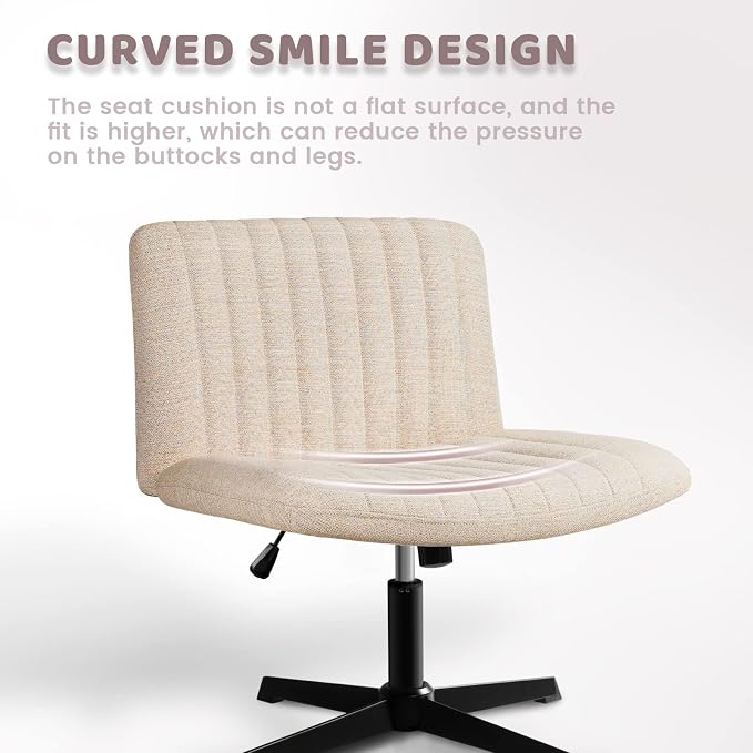LEMBERI Fabric Padded Desk Chair No Wheels, Armless Wide Swivel,120° Rocking Mid Back Ergonomic Computer Task Vanity Chairs for Office, Home, Make Up,Small Space, Bed Room,Beige