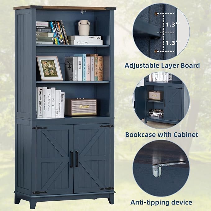 Joaxswe 70in Tall Bookshelf 5 Tier Bookcase with Barn Doors and Adjustable Shelves, Blue Farmhouse Book Shelf with Storage Cabinet, Wood Freestanding Display Bookshelves for Bedroom, Kitchen (2PCS)