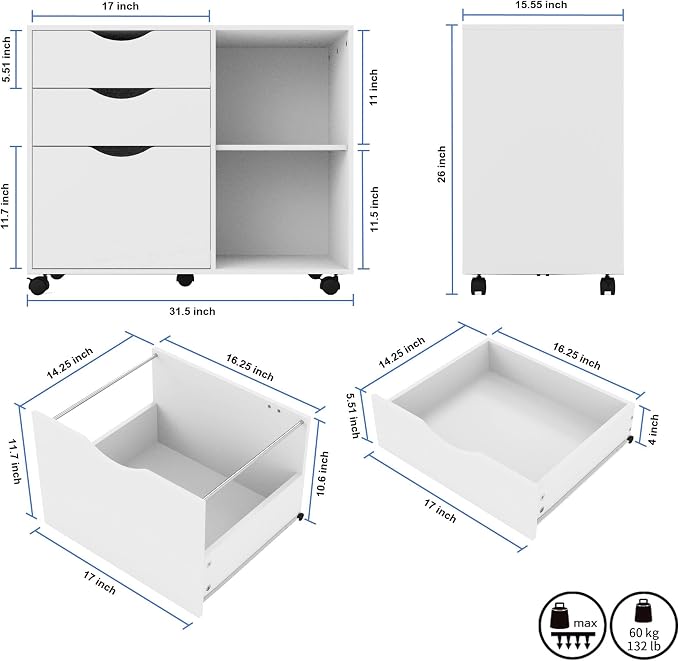 QDSSDECO 3-Drawer with Shelf Wood File Cabinet Mobile Lateral Filing Cabinet, with Rolling Wheel Printer Stand and Open Adjustable Storage Shelves, for Home Office, White