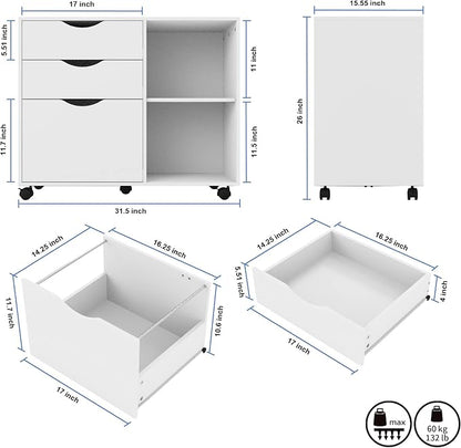 QDSSDECO 3-Drawer with Shelf Wood File Cabinet Mobile Lateral Filing Cabinet, with Rolling Wheel Printer Stand and Open Adjustable Storage Shelves, for Home Office, White