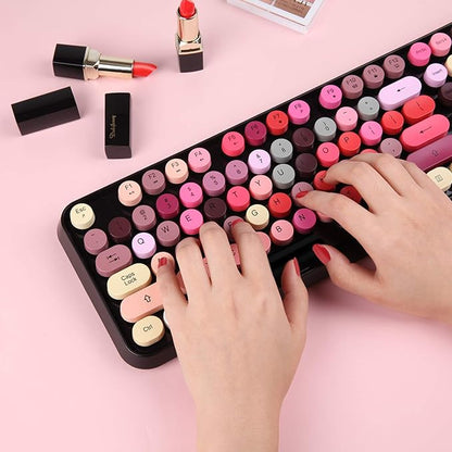 Colorful Wireless Keyboard and Mouse Combo, Lipstick Color Bubble Keyboard with Round Keys, 2.4Ghz Creamy Aesthetic Full Size Typewriter Style Keyboard with Number Pad for PC Laptop Desktop