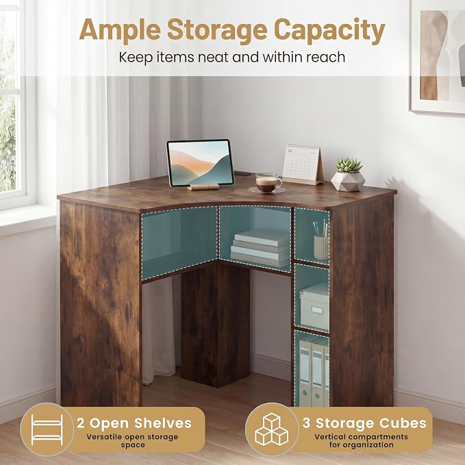 Giantex Corner Desk, Triangle Computer Desk with Charging Station, Open Storage Shelves and Curved Edge, Industrial Space Saving Writing Desk for Small Spaces, Home Office, Bedroom