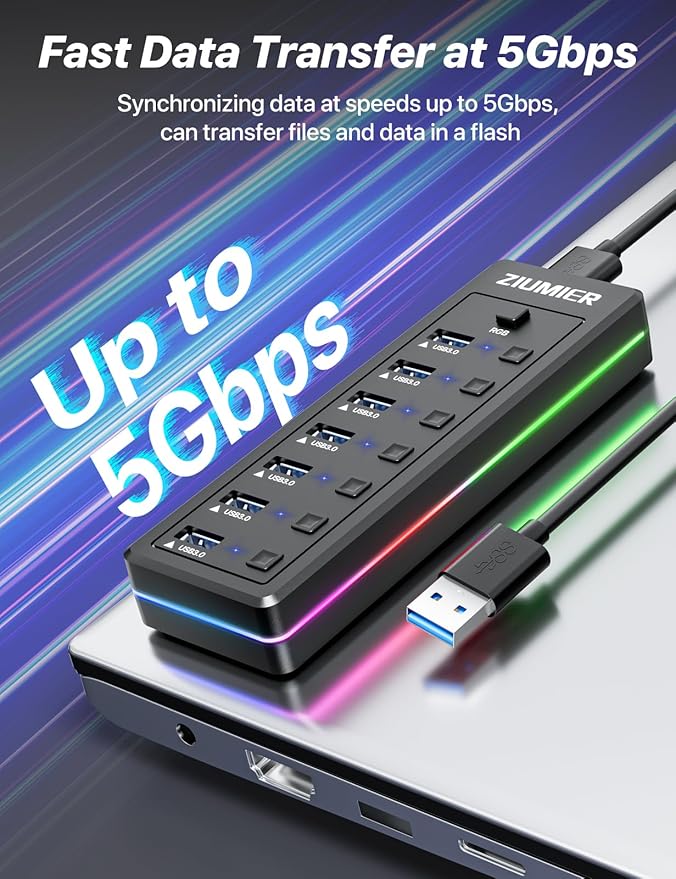 RGB USB Hub,7 Port USB Splitter Data Transfer for Gaming,Home,Office,School | USB 3.0 Hub with RGB LED Strip - Individual LED On/Off Switches for Laptop, PC, Mouse, Keyboard, Hard Drive