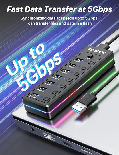 RGB USB Hub,7 Port USB Splitter Data Transfer for Gaming,Home,Office,School | USB 3.0 Hub with RGB LED Strip - Individual LED On/Off Switches for Laptop, PC, Mouse, Keyboard, Hard Drive