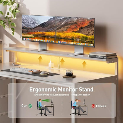 HLDIRECT 44 inch Gaming Desk with 3 Fabric Drawers & Side Hooks-Reversible Home Office Computer Desk with Power Outlets & Led Lights, Gamer Desk Table with Monitor Stand, White