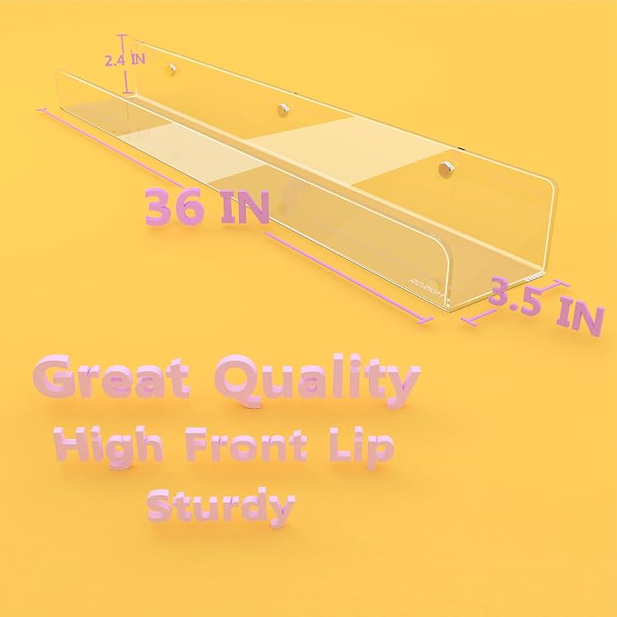 36 Inch 50% Thicker Clear Acrylic Book Shelves, Invisible Kids Wall Bookshelves for Baby Storage Book Rack, Toy Organizer, Book Display, Playroom, Bedroom, Toddler Room, Nursery 2 Packs