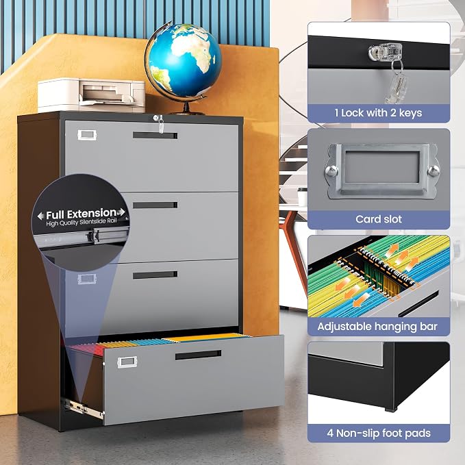 4 Drawer File Cabinet, Locking Lateral Filing Cabinet for Home Office, File Cabinets with Business Card Holder for Letter/Legal/F4/A4 Hanging Files