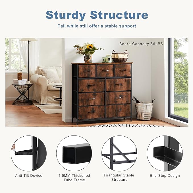 DUMOS Dresser for Bedroom, Storage Organizer with 9 Drawers, Chest of Drawers with Fabric Bins, Sturdy Metal Frame, Wood Tabletop for Guest Room, Closet, Entryway, Brown