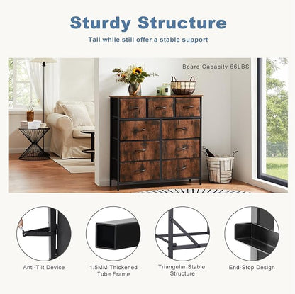 DUMOS Dresser for Bedroom, Storage Organizer with 9 Drawers, Chest of Drawers with Fabric Bins, Sturdy Metal Frame, Wood Tabletop for Guest Room, Closet, Entryway, Brown