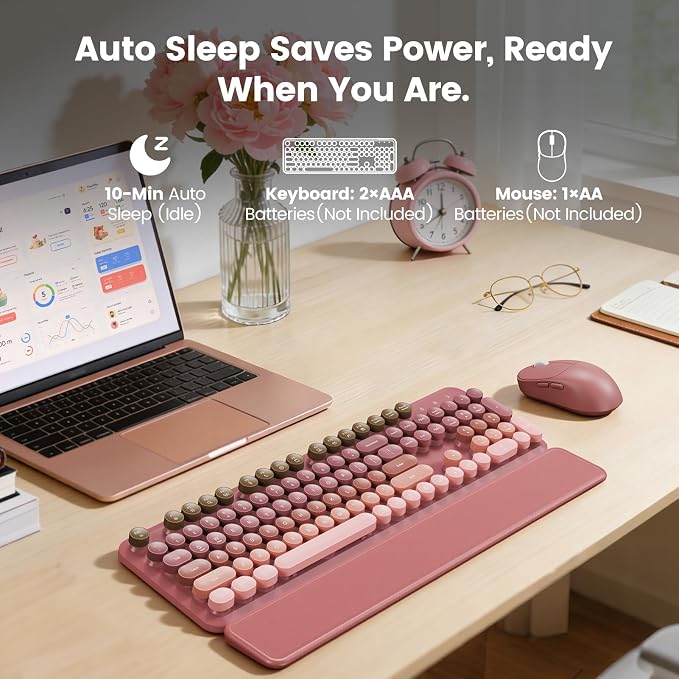 Wireless Keyboard and Mouse Combo, Magnetic Soft-Touch Wrist Rest, Round Keycaps, Full-Size Retro Typewriter Keyboard, 2-Stage Tilt Legs, Auto Sleep, 2.4GHz Cordless for Windows PC, Rose Pink Ombre